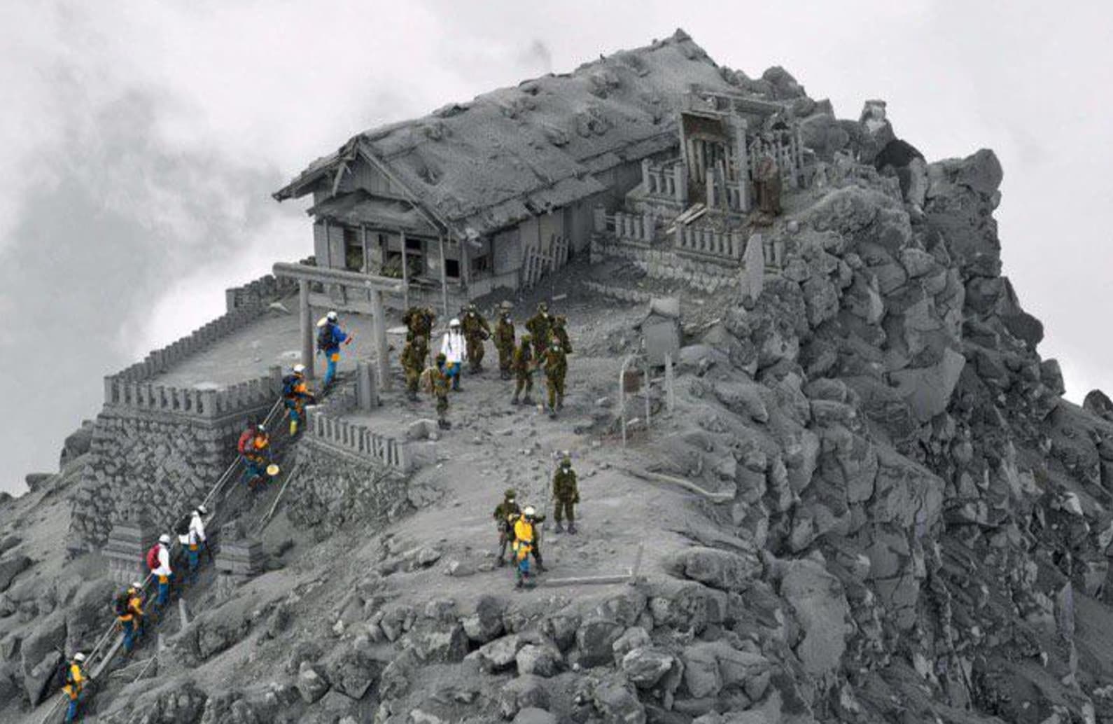 temple covered in ash from the ontake volcanic eruption japan